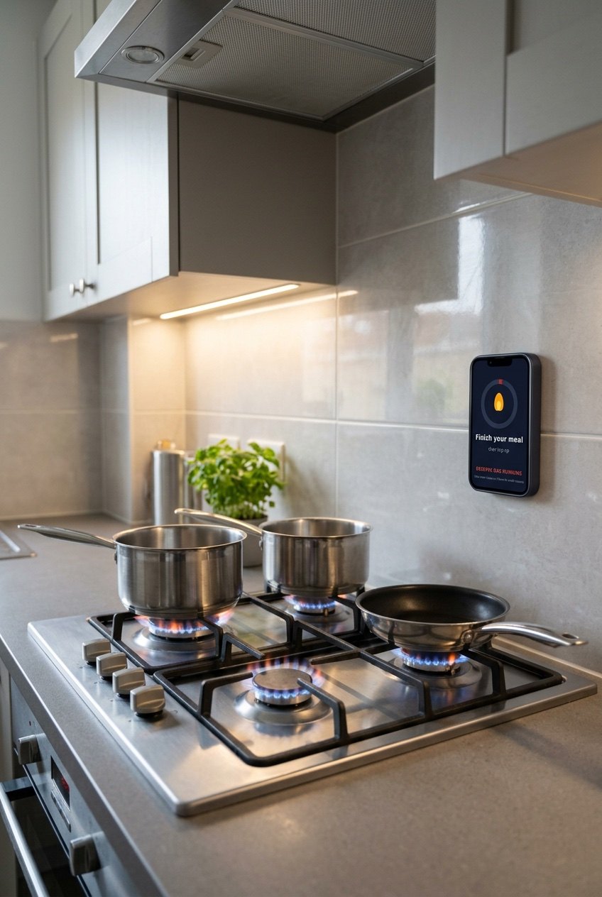 Wall-mounted Kibo kitchen display beside a gas hob